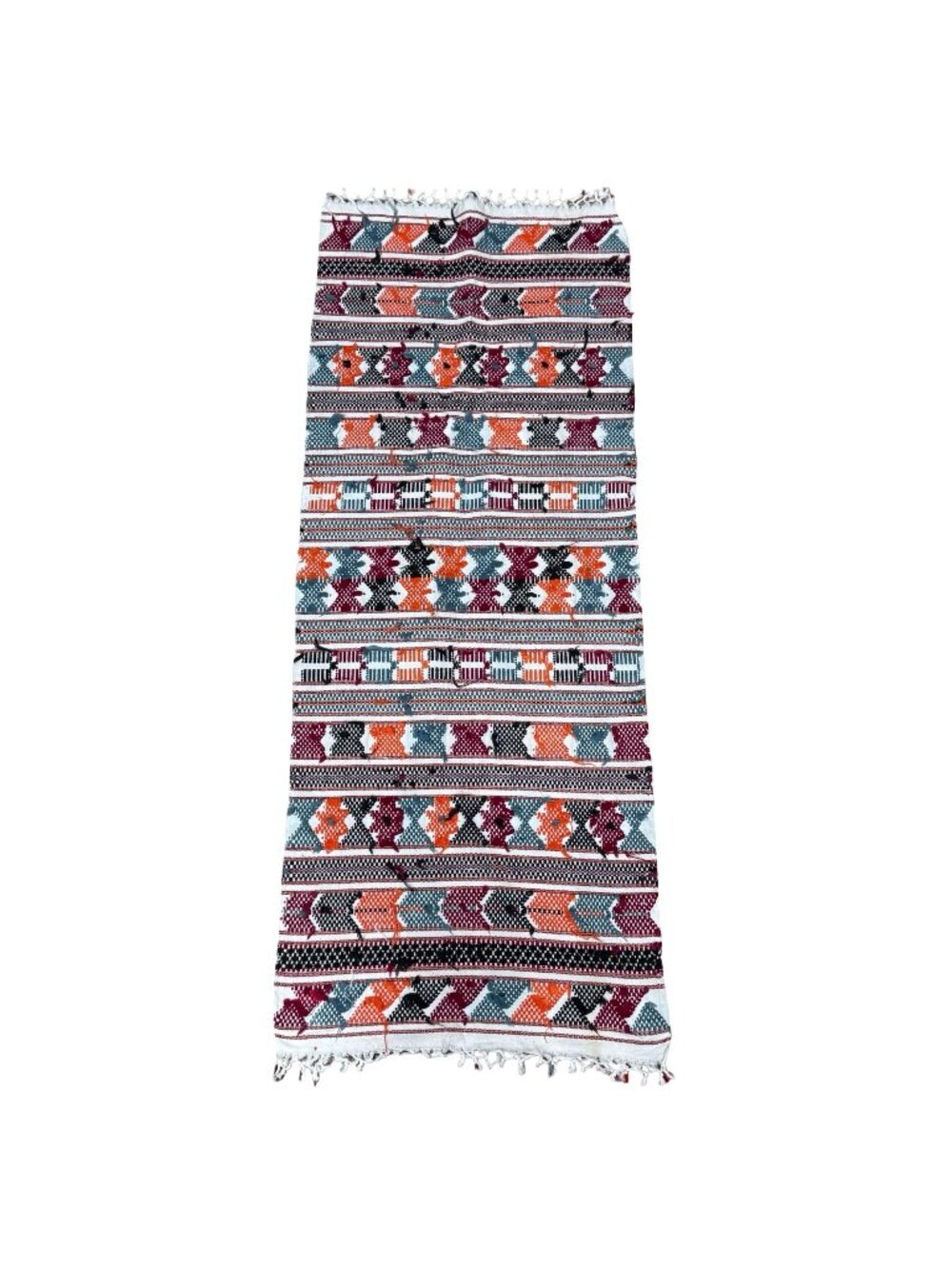 Vintage Moroccan Flatweave Striped Cotton Mexican Table Runner Rug Tassels 86x31